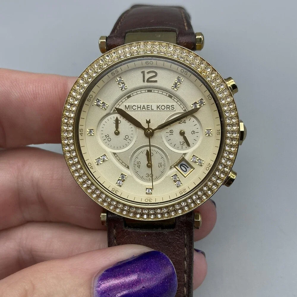 Michael Kors Womens Watch 39mm Gold Tone Leather Chronograph MK-2249 New Battery
